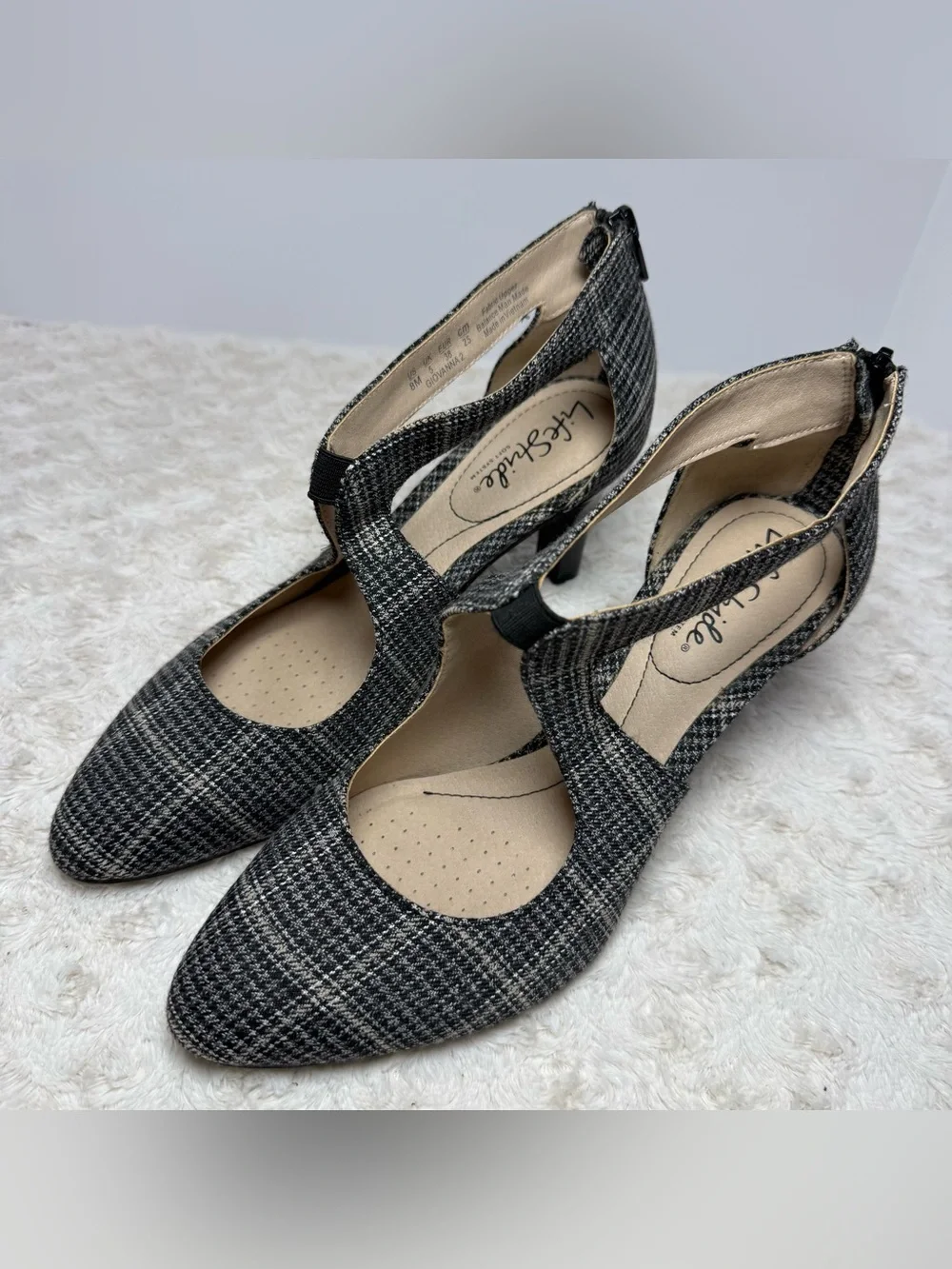 Life Stride Black & Gray Plaid Pointed T-Strap Heels with Back Zip